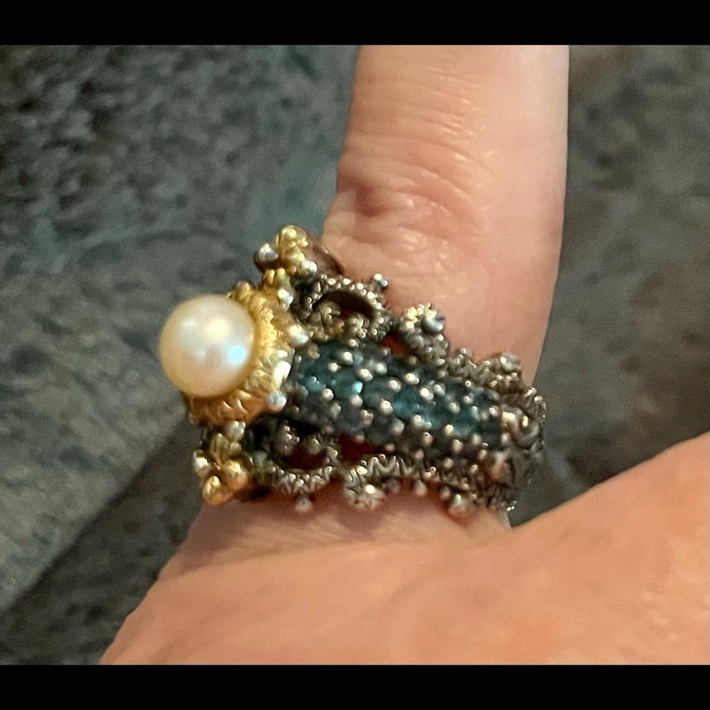 Gorgeous Barbara Bixby Blue Topaz, Pearl 925, 18k gold ring - Picture 2 of 8